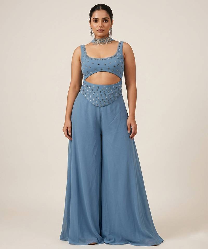 Blue embroidered georgette co ord set