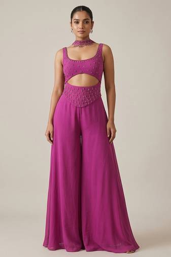 Fuchsia pink embroidered georgette co ord set