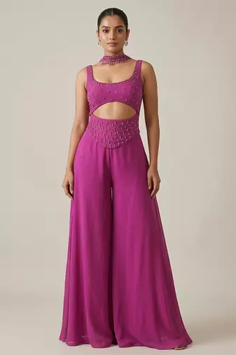 Fuchsia pink embroidered georgette co ord set