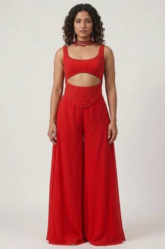 Crimson red embroidered georgette co ord set