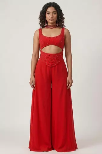 Crimson red embroidered georgette co ord set