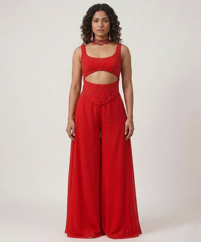Crimson red embroidered georgette co ord set