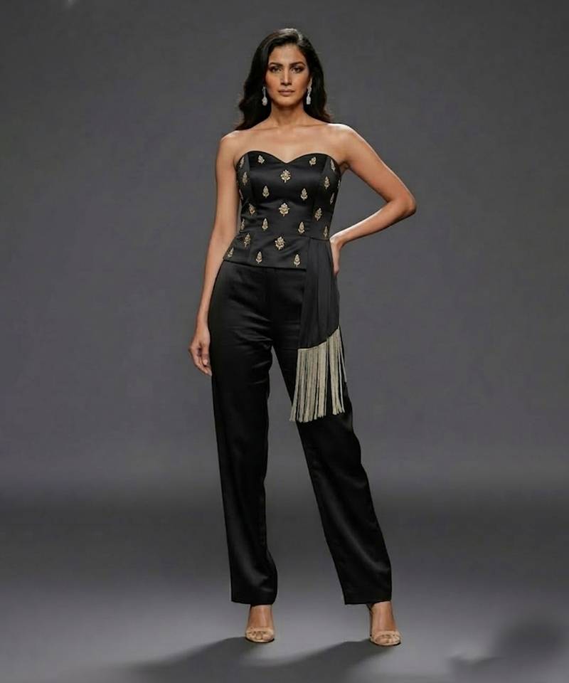 Black embroidered satin co ord set