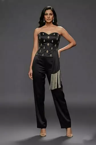 Black embroidered satin co ord set