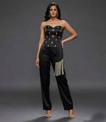 Black embroidered satin co ord set