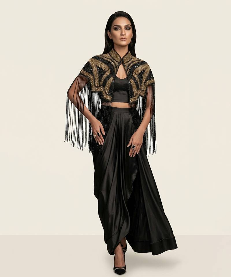 Black embroidered modal satin co ord set