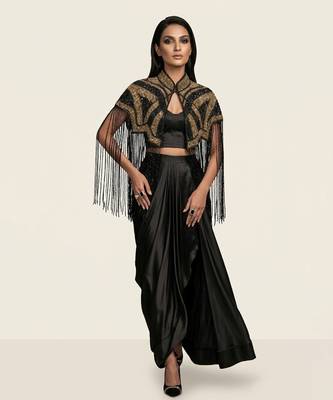 Black embroidered modal satin co ord set 1
