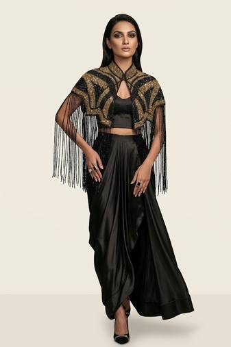 Black embroidered modal satin co ord set