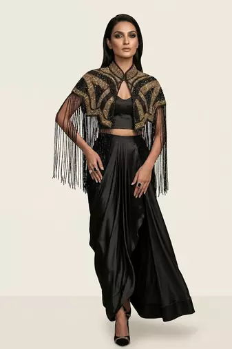 Black embroidered modal satin co ord set