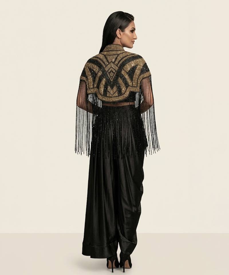 Black embroidered modal satin co ord set