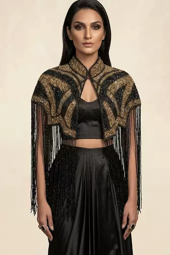 Black embroidered modal satin co ord set