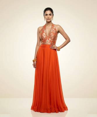 Orange embroidered brocade co ord set 1