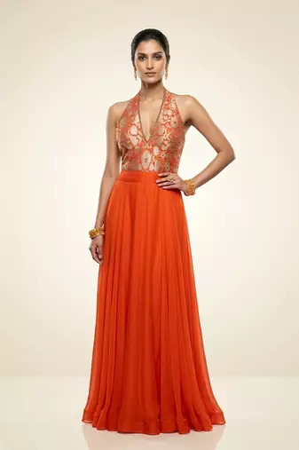 Orange embroidered brocade co ord set