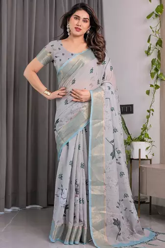 Soft handloom linen weaved with golden zari floral saree with tassels – includes 0.8m blouse