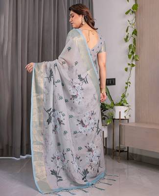 Soft handloom linen weaved with golden zari floral saree with tassels     includes 0.8m blouse 2