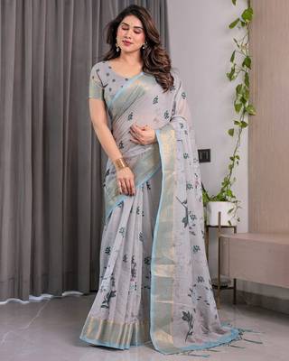 Soft handloom linen weaved with golden zari floral saree with tassels     includes 0.8m blouse 5