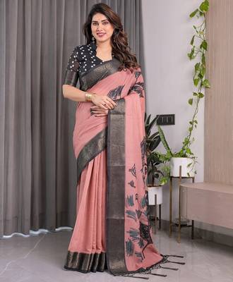 Printed floral handloom linen weaved with golden zari saree with stylish tassel finish     ready to wear 1