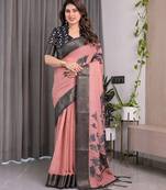 Printed floral handloom linen weaved with golden zari saree with stylish tassel finish     ready to wear
