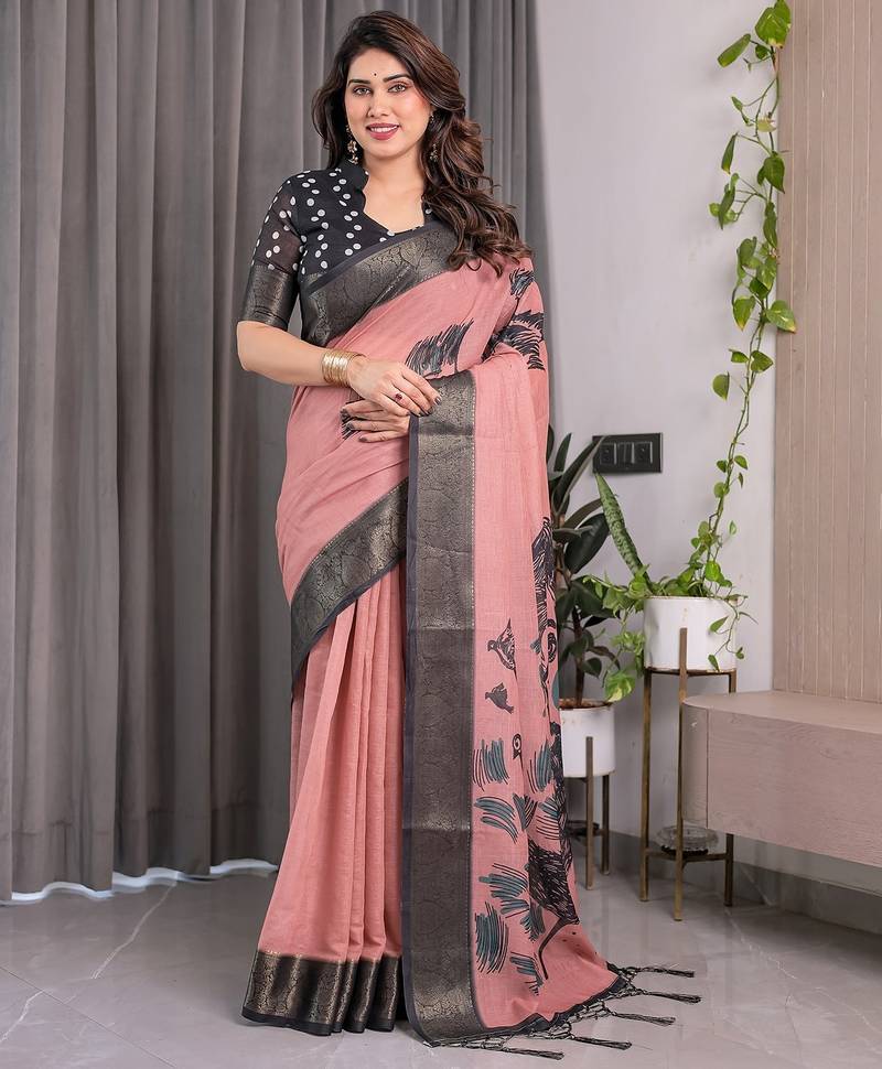 Printed floral handloom linen weaved with golden zari saree with stylish tassel finish     ready to wear