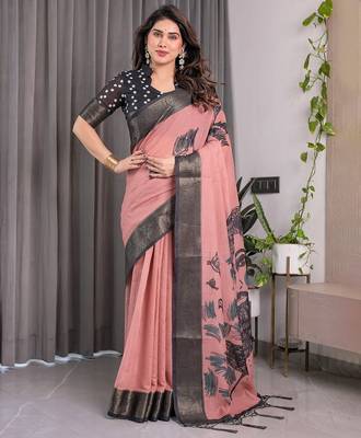 Printed floral handloom linen weaved with golden zari saree with stylish tassel finish     ready to wear 2