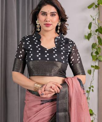 Printed floral handloom linen weaved with golden zari saree with stylish tassel finish     ready to wear 4