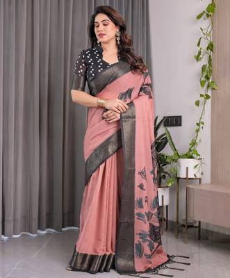 Printed floral handloom linen weaved with golden zari saree with stylish tassel finish     ready to wear 5