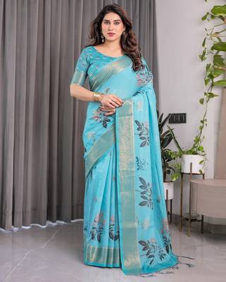 Graceful handloom linen weaved with golden zari saree with artistic floral print & tassels 1