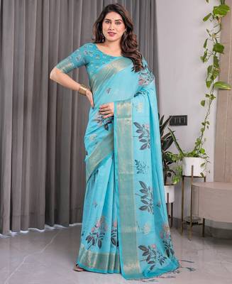 Graceful handloom linen weaved with golden zari saree with artistic floral print & tassels 2