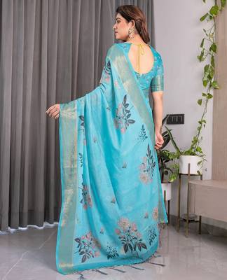 Graceful handloom linen weaved with golden zari saree with artistic floral print & tassels 3