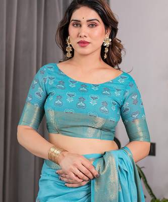 Graceful handloom linen weaved with golden zari saree with artistic floral print & tassels 4