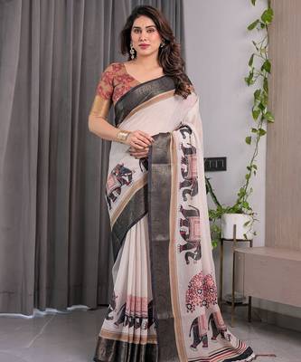 Designer floral print handloom linen weaved with golden zari saree with tassel pallu & blouse 1