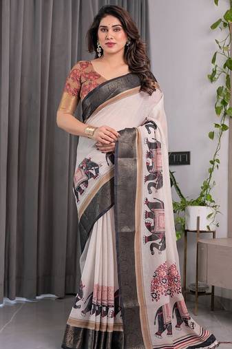 Designer floral print handloom linen weaved with golden zari saree with tassel pallu & blouse
