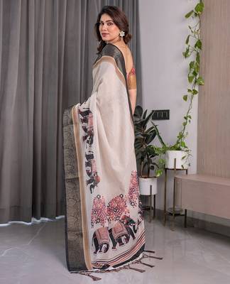 Designer floral print handloom linen weaved with golden zari saree with tassel pallu & blouse 3