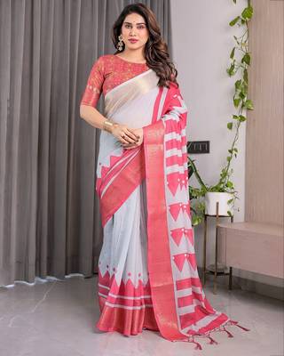 Linen weaved with golden zari handloom saree with digital floral print and tassels     festive wear 1
