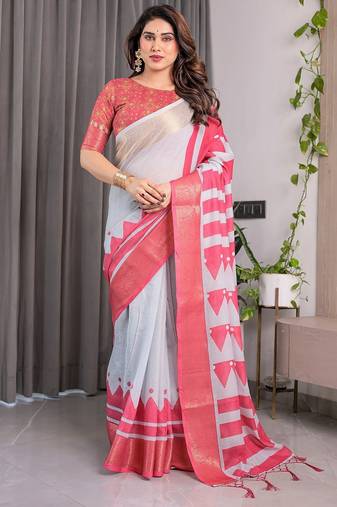 Linen weaved with golden zari handloom saree with digital floral print and tassels     festive wear