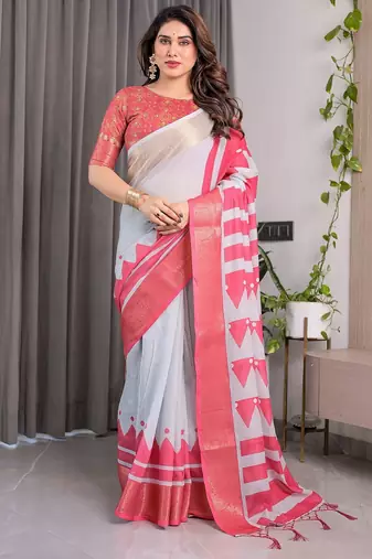 Linen weaved with golden zari handloom saree with digital floral print and tassels – festive wear