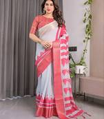Linen weaved with golden zari handloom saree with digital floral print and tassels     festive wear