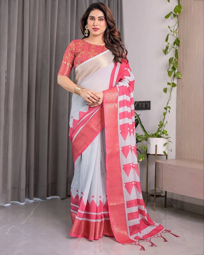 Linen weaved with golden zari handloom saree with digital floral print and tassels     festive wear