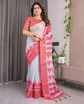 Linen weaved with golden zari handloom saree with digital floral print and tassels     festive wear 2