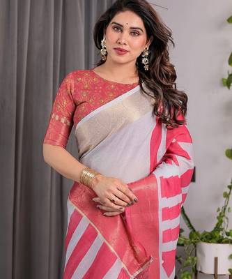 Linen weaved with golden zari handloom saree with digital floral print and tassels     festive wear 5