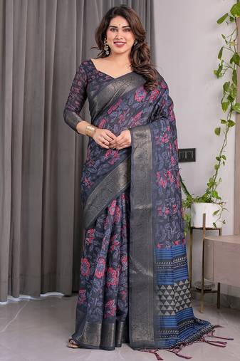 Pastel floral handloom linen weaved with golden zari saree with pallu tassels & blouse piece