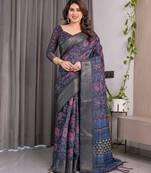 Pastel floral handloom linen weaved with golden zari saree with pallu tassels & blouse piece