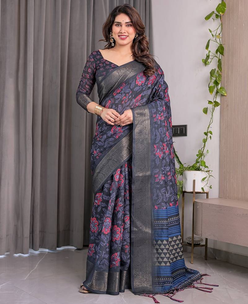 Pastel floral handloom linen weaved with golden zari saree with pallu tassels & blouse piece