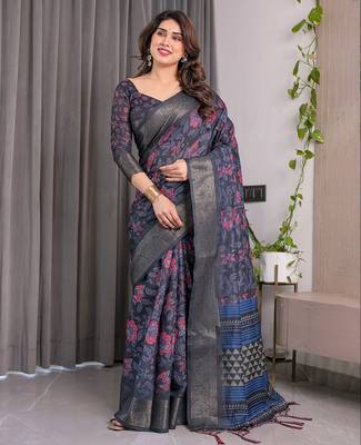 Pastel floral handloom linen weaved with golden zari saree with pallu tassels & blouse piece 2