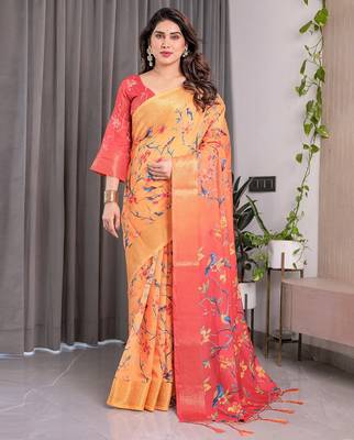 Ethnic handloom linen weaved with golden zari saree with colorful floral print and matching blouse 1