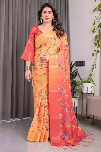 Ethnic handloom linen weaved with golden zari saree with colorful floral print and matching blouse
