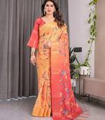 Ethnic handloom linen weaved with golden zari saree with colorful floral print and matching blouse