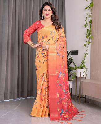 Ethnic handloom linen weaved with golden zari saree with colorful floral print and matching blouse 2