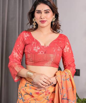 Ethnic handloom linen weaved with golden zari saree with colorful floral print and matching blouse 4