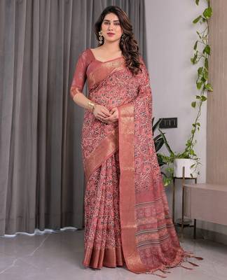 Linen weaved with golden zari linen weaved with golden zari blend handloom saree with floral motif and tassel border 1